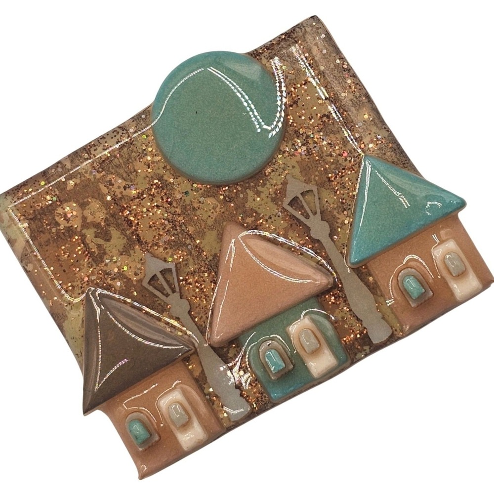 House Pins by Lucinda Brooch Vintage Brown Teal Village Moon Glitter Art Pin